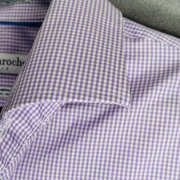 Guy Laroche Paris Mens Long Sleeve Shirt Size 18 34/35 Lilac Gingham Non Iron - Picture 8 of 10